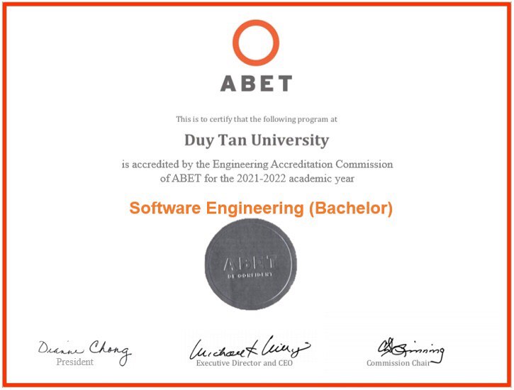 Công nghệ Phần mềm được vinh dự là một trong những ngành thuộc lĩnh vực công nghệ thông tin tại Đại học(ĐH) Duy Tân đạt chuẩn kiểm định quốc tế ABET